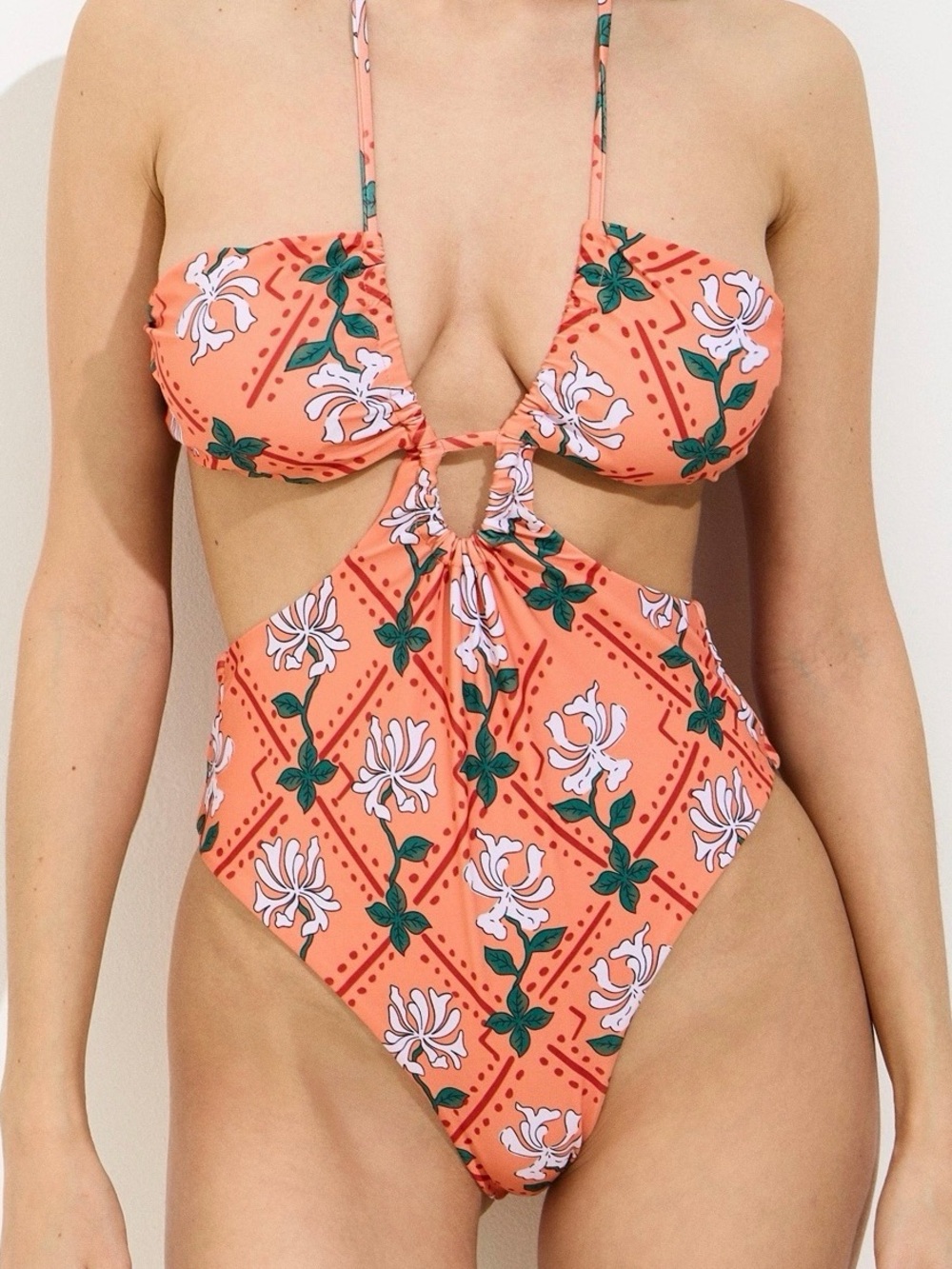 Amazon Orange Floral Halter One-Piece Swimsuit